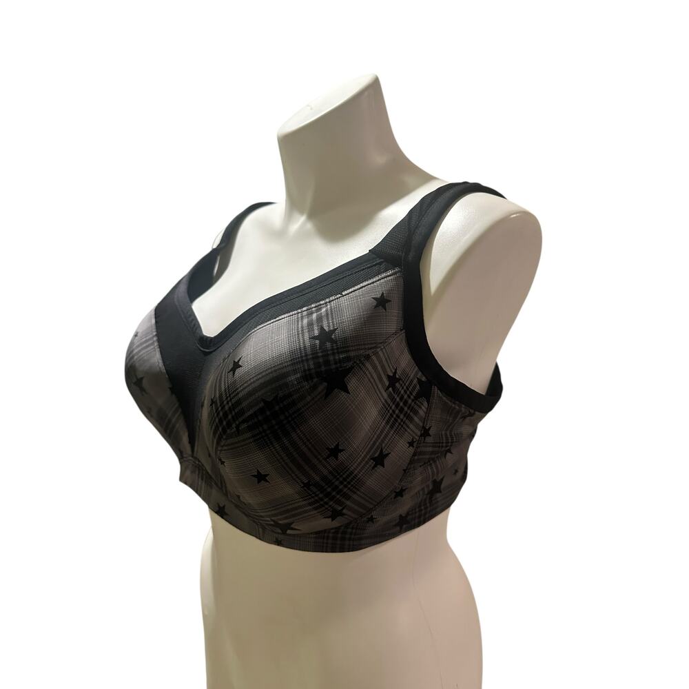 Torrid Active 48B Star Print Sports Bra – Gray Black Plaid Power Mesh Support - Picture 3 of 11